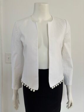 J. Crew White Open-Front Jacket with Pom-Pom Hem
